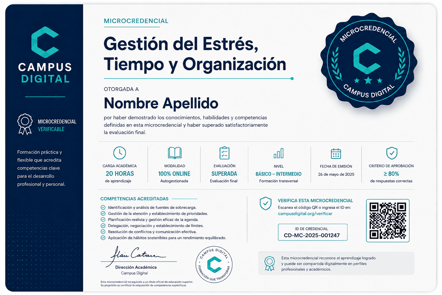 Muestra de la microcredencial digital de Gestión del Estrés, Tiempo y Organización